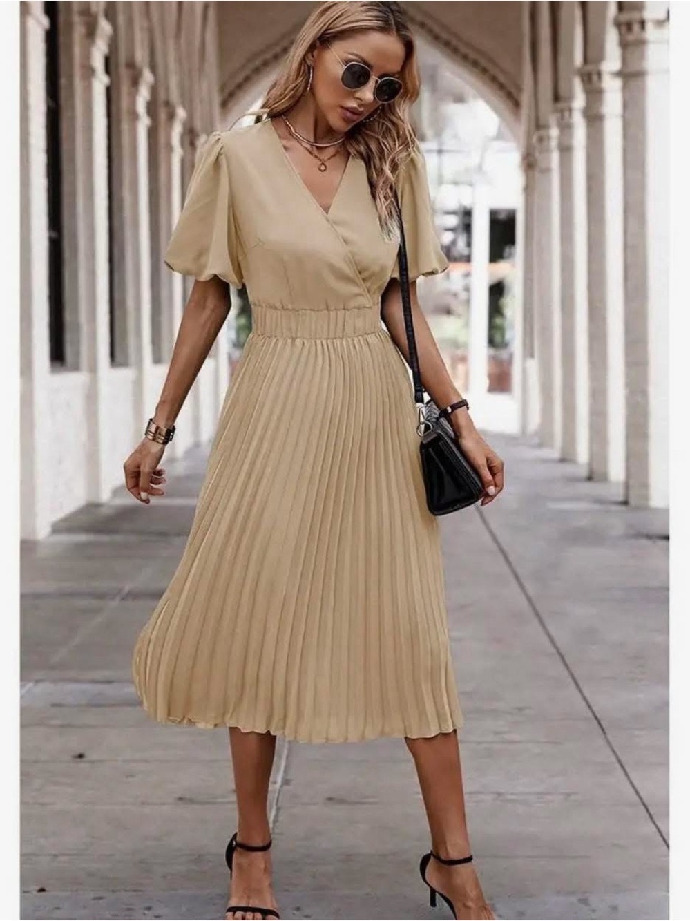 Pleated V-Neck Midi Dress in Beige